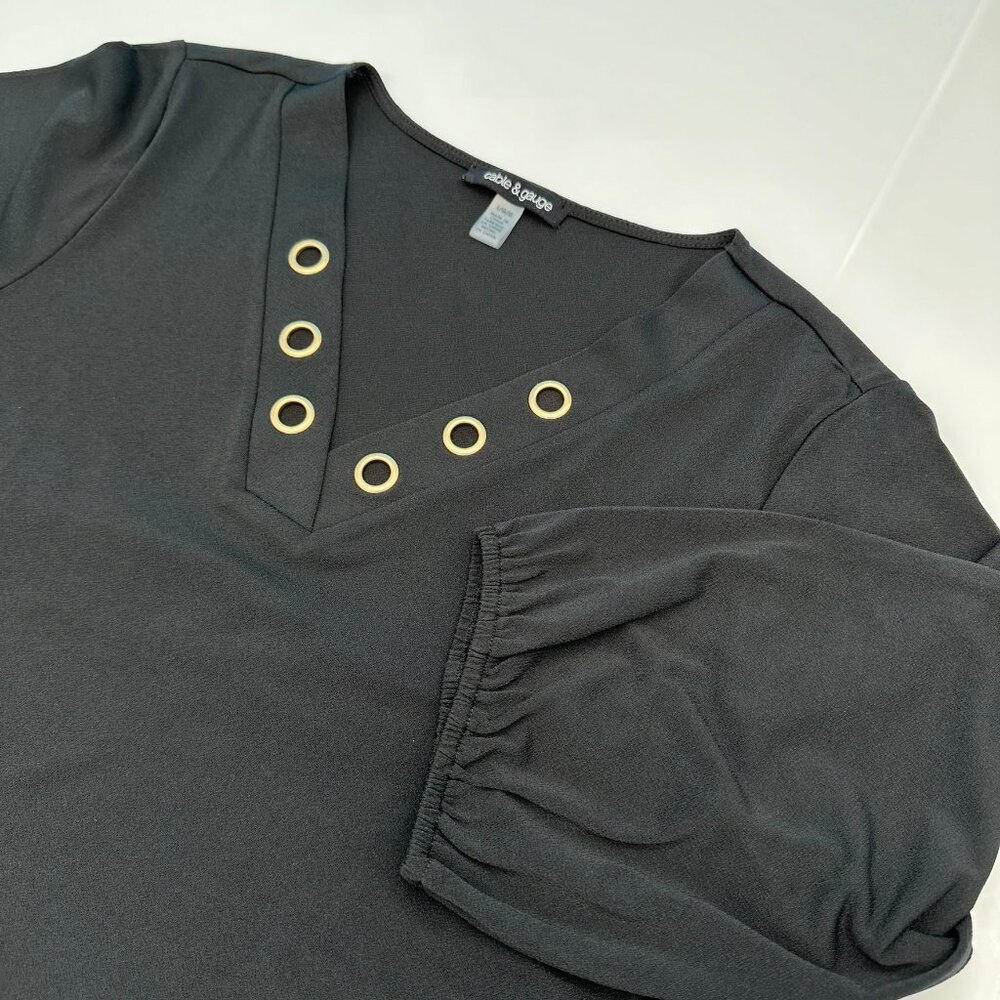 Cable & Gauge Women's V-Neck Grommet Detail 3/4 Sleeve Top, Size Large, Black‎